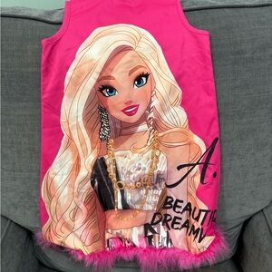 SHEIN Girls Hot Pink Graphic Tank Dress with Barbie Print and Faux Feather Hem